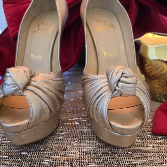 Christian Louboutin Women's Gold Peep Toe Heels - Picture 1 of 9